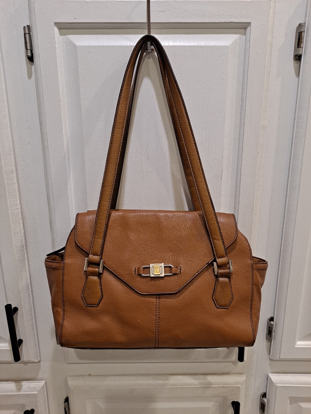 Tignanello Cognac Brown Leather Shoulder Satchel Bag Gold Hardware